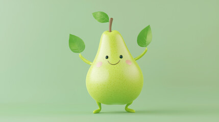 Cute pear 3d character standing in dancing pose against green background