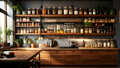 Picture a caf&eacute; with an open kitchen, showcasing wooden shelves filled with jars of ingredien