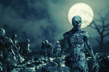 Scary zombie wandering in street with dramatic lighting on Halloween