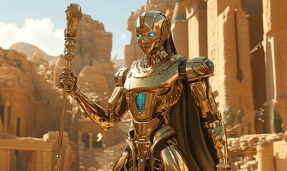 Fototapeta premium Golden robotic figure holding a staff.