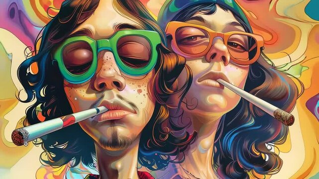 Vibrant vision: abstract video blending psychedelic colors, kaleidoscopic retro charm, bringing out a groovy atmosphere that mirrors hippie culture with swirling, immersive visuals.