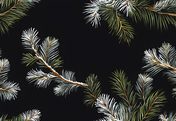 Fototapeta premium Close-up of snow-covered pine branches against a dark background.