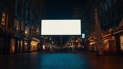 A movie shot of a blank billboard in the middle of the street, with Christmas lights in the evening, in the city center. The lighting is warm, and the photo quality is ultra-realistic