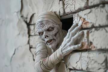 Scary mummy wandering in street with dramatic lighting on Halloween