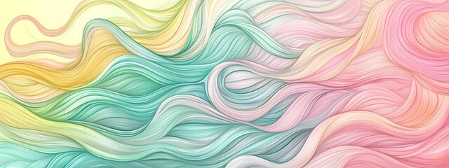 Colorful hair-like background, with pastel rainbow colors, soft and gentle curves, flowing lines, in a hand-drawn watercolor style