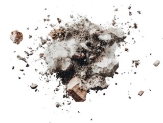 Burst of scattered concrete rubble and dust particles in mid-air, symbolizing demolition, impact, or environmental change. Suitable for themes on construction or destruction.