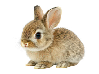 Obraz premium Cute baby rabbit with soft fur sitting against white background, symbolizing innocence, wildlife, or pets. Ideal for themes on nature or animal companionship.
