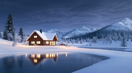 Cozy cabin shines brightly by the frozen jade lake in Emerald National Park, British Columbia on a winter night