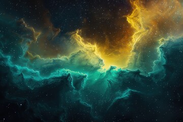 Obraz premium Cosmic Nebula with Golden and Green Hues