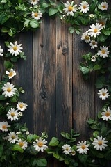 A beautiful floral frame of white daisies and green leaves on a rustic wooden background for nature lovers and garden enthusiasts