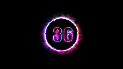 Glowing neon number 36   fire color with black background.	Fiery style.