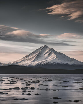 volcanic mountain peak, crisp blue sky, rising above a snowy field, stunning landscape, natural wonder, serene environment, majestic views, winter scenery, volcanic landscape, clear skies, outdoor bea