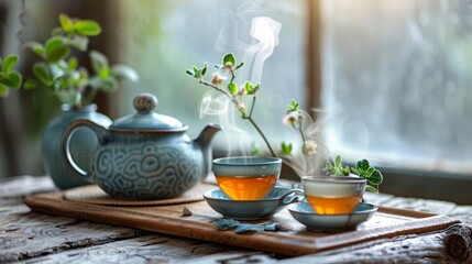A quaint wooden tea table set with delicate tea cups and a steaming pot of herbal tea.