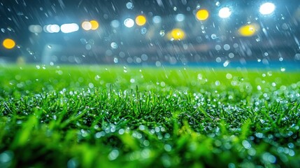 Obraz premium Close-up of wet grass on a football field with stadium lights in the background.