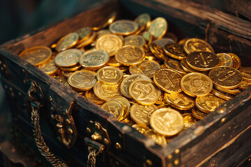 Fantastic treasure from pirate wooden chest with antique gold coins