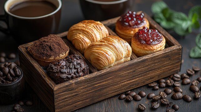 A selection of gourmet pastries including croissants, chocolate muffins, and jam-filled treats served with coffee, displayed on rustic wood with coffee beans.