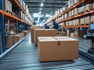  Modern packaging area with conveyor belt moving packages to workers for taping and labeling, streamlining the packing and shipping process.