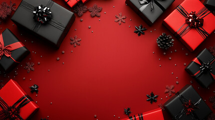 Obraz premium Black And Red Christmas Gift Boxes With Snowflakes And Pinecones On Red Background