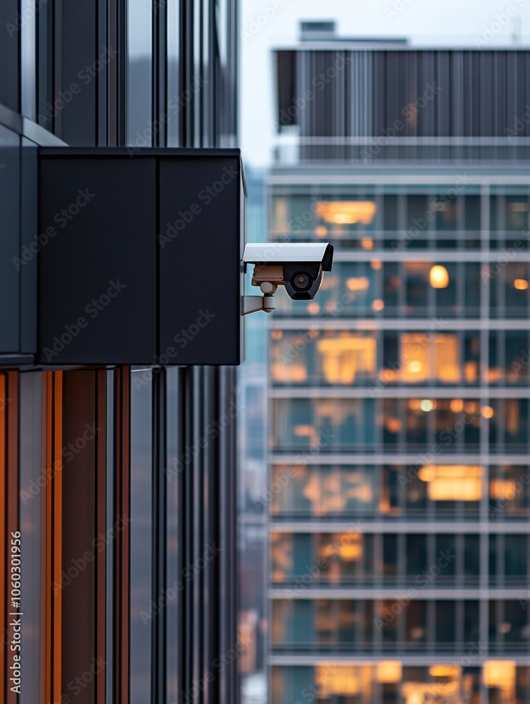 Poster an office building features security cameras strategically placed outside, capturing the vibrant act