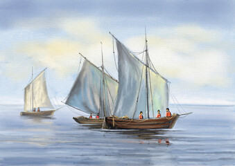 Beautiful scene with old fishing boats, watercolor painting. Fishermen go about their work. Old sailing boat at sunset, fine art