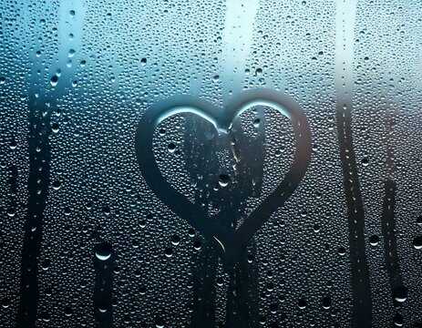 Heart drawn with fingers on window creates a touching visual statement, surrounded by thick water drops clinging to the glass, forming an abstract representation of love amid gentle rainfall.

