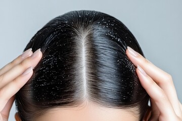 Dandruff on hair of dark-haired woman. Scalp disease. Seborrhea. White powder on hair