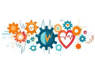 Fototapeta premium Colorful illustration of gears and heart symbols interconnected with heartbeat lines, representing the synergy of health technology, medical innovation, and biomedical engineering.