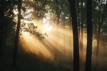 Obraz premium Sunlight Filters Through Trees in a Misty Forest During Early Morning, Illuminating the Tranquil Surroundings With Soft Rays