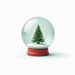 Snow globe with a Christmas tree, snowflakes, and a red base on a white background. Generative, AI.