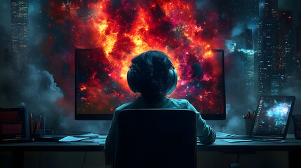 Obraz premium Digital Art - A Person Looking at a Nebula on a Computer Screen