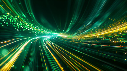 An abstract futuristic background featuring green and yellow glowing neon wave lines moving at high speed with bokeh lights, ideal for data transfer concepts