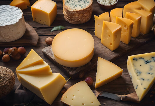 An assortment of various cheeses displayed on a wooden board, including blue cheese, brie, and gouda, with some nuts and bread pieces scattered around.