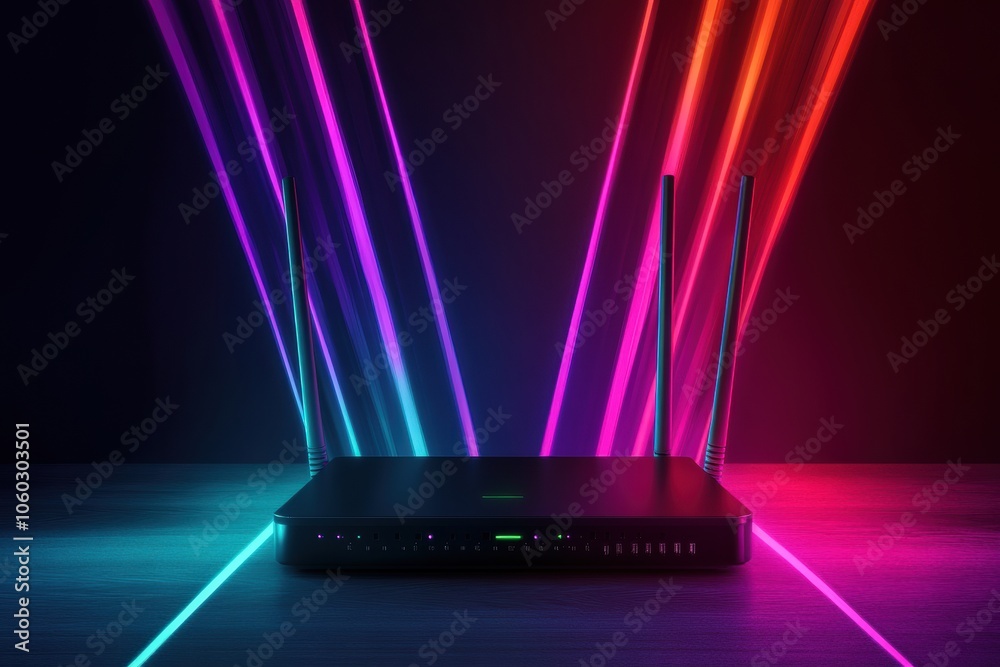 Aufkleber The router sits centrally while colorful, glowing lines extend outward, representing data flow and connectivity in a digital space. Generative AI