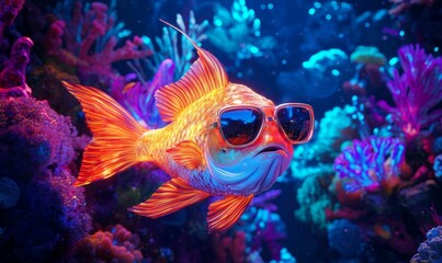 Obraz premium A goldfish with sunglasses in a coral reef.