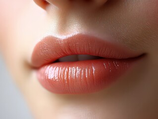 Fototapeta premium Close-up of soft, natural-looking lips, emphasizing beauty and skincare, ideal for themes of self-care, cosmetics, and personal wellness.