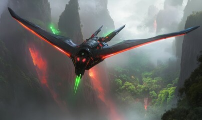 Fototapeta premium Alien spaceship flying through foggy canyon.