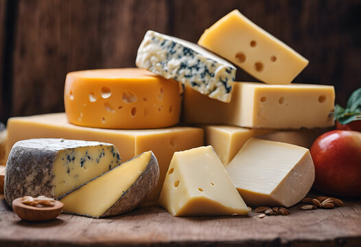 An assortment of various cheeses displayed on a wooden board, including blue cheese, brie, and gouda, with some nuts and bread pieces scattered around. - Powered by Adobe