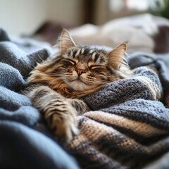 A fluffy cat lying on a pile of laundry, looking cozy and content