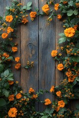 Vibrant orange flowers framing rustic wooden background a beautiful nature composition for home decor inspiration