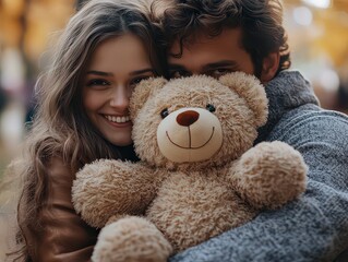  Teddy bear hugged affectionately with a cheerful smile, representing love and warmth, perfect for celebrating Teddy Day.