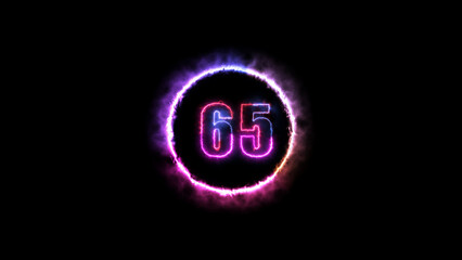 Glowing neon number 65  fire color with black background.	Fiery style.