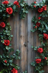 Beautiful red roses framing a rustic wooden background perfect for romantic or floral-themed designs and projects