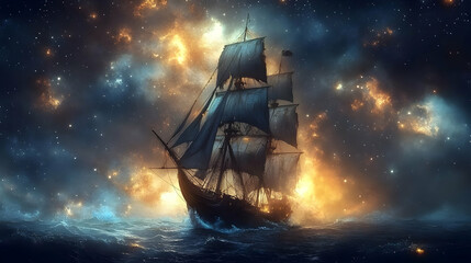 Fototapeta premium Sailing Through the Cosmic Sea - Illustration
