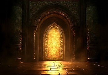Fototapeta premium A grand, ornate golden door leads to an ethereal realm with soft lighting and intricate patterns. The room is dark, yet filled with light from the open gate