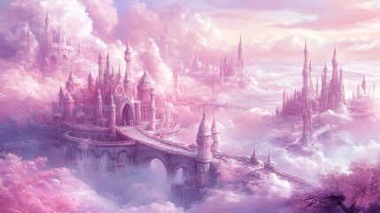 Fototapeta premium A City of Dreams An ethereal digital painting of a fantastical city built on clouds, with pink hues and intricate architectural details