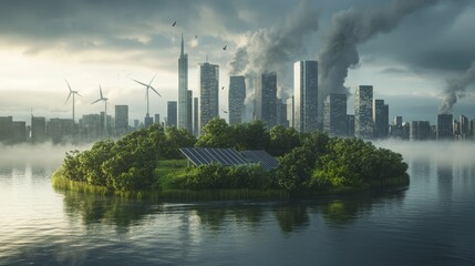 Naklejka premium A Green Oasis Amidst the Smog Wind Turbines and Solar Panels in a Foggy Cityscape