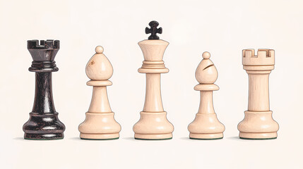 This image captures a selection of chess pieces including a black rook and various white pieces illustrating the intricate beauty and strategic significance of each figure in the classic game of chess