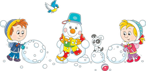 Happy little boy and girl with a puppy making a funny snowman with a striped scarf and a bucket on its friendly smiling head in a winter park, vector cartoon illustration on a white background