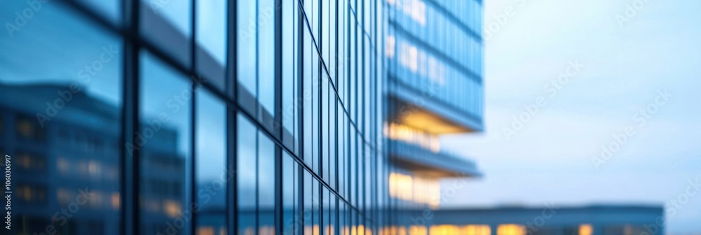 Poster An office building features multiple surveillance cameras for enhanced security during the evening hours, showcasing its modern design. Generative AI