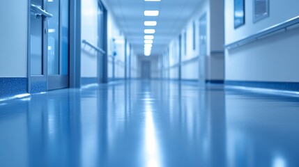 Fototapeta premium A long corridor in a modern hospital with bright lights illuminating the polished blue floor during daytime.
